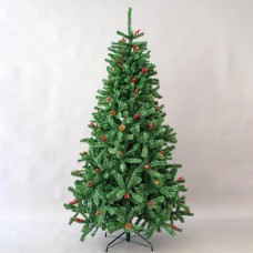 Χριστουγεννιάτικο δέντρο πράσινο PVC 210cm (2,10 μέτρα) τύπου έλατο Columbia με κουκουνάρια και berry διάμετρος 122cm μεταλλική βάση 1116 κλαδιά